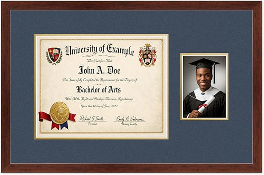 CountryArtHouse Fits 14 x 11 College Diploma (Modern) and 5 x 7 Photo Diploma and Photo Frame Rustic Walnut Genuine Hardwood with Navy Blue Over Metallic Gold Double mat