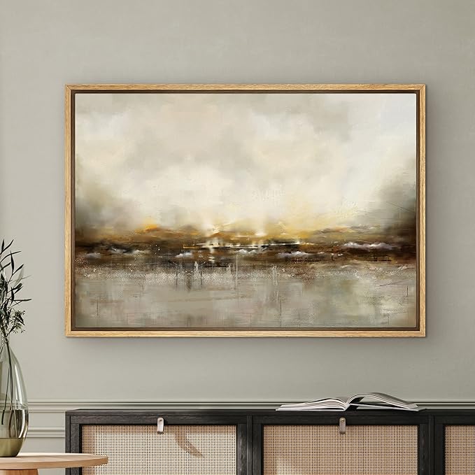 SIGNWIN Framed Canvas Wall Art Dramatic Golden Landscape by The Sea on a Cloudy Day Coastal Ocean Oil Painting Abstract Modern Closeup Relax/Calm for Living Room, Bedroom, Office - 24"x36" Natural
