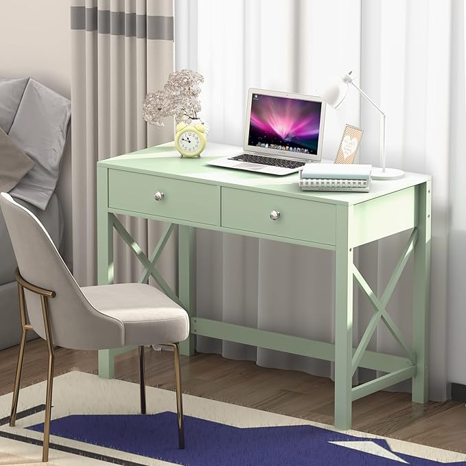 WiberWi Home Office Desk with Drawers, Small Writing Computer Desk for Bedroom, Modern Green Makeup Vanity Table for Girls, Study Table for Home Office