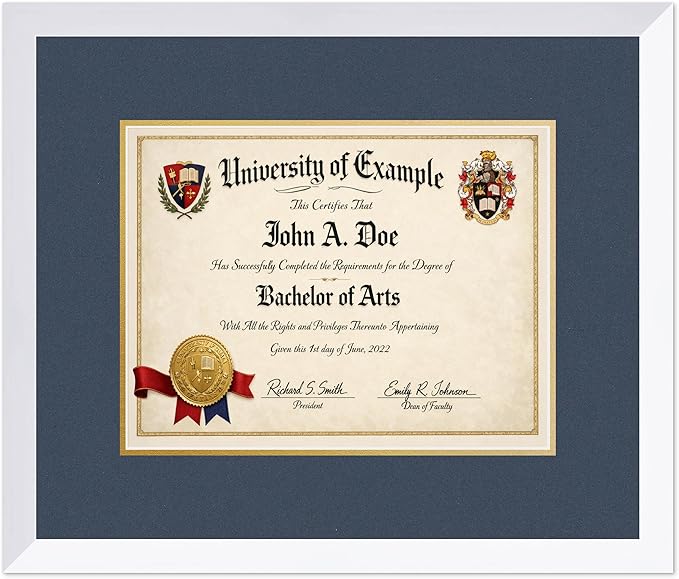 CountryArtHouse Diploma Frame Fits 13 x 10 College Diploma (Traditional) - Keepsake Graduation Display Bright White Genuine Hardwood with Navy Blue Over Metallic Gold Double mat