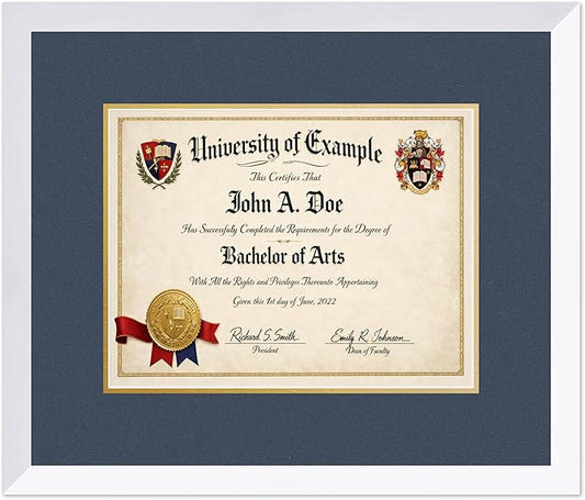 CountryArtHouse Diploma Frame Fits 13 x 10 College Diploma (Traditional) - Keepsake Graduation Display Bright White Genuine Hardwood with Navy Blue Over Metallic Gold Double mat