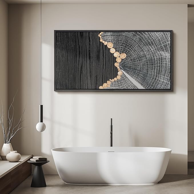 SIGNFORD Extra Large Framed Canvas Black Wood and Tree Ring Abstract Illustrations Modern Art Calm for Living Room, Bedroom, Office - 60"x30"