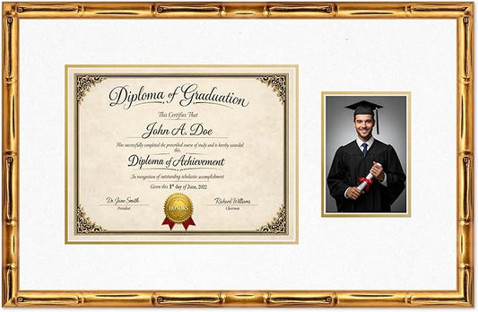 Diploma Frame With Photo Opening Gold Bamboo Oyster Shell Over Gold Mat - Fits 13 x 10 Degree and Picture Made in the USA