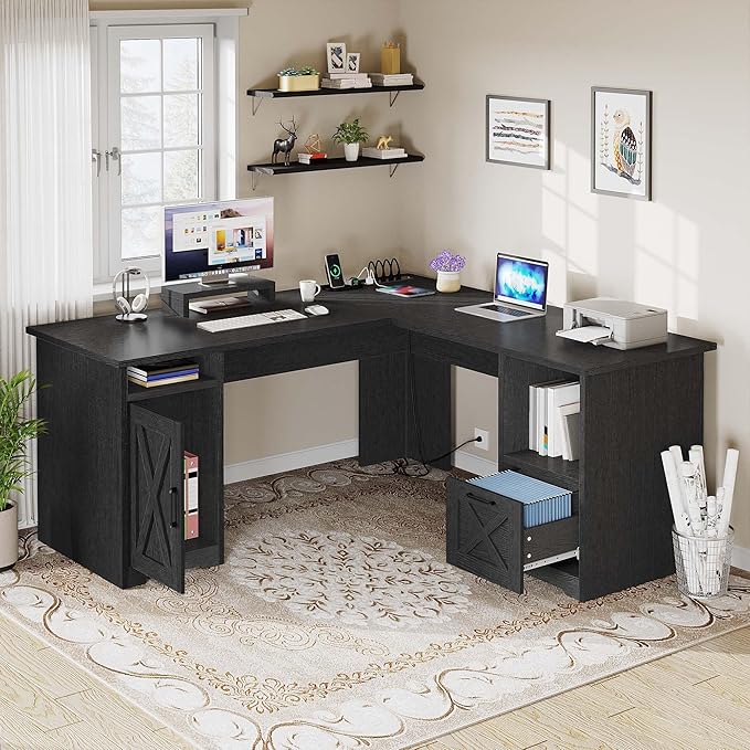YITAHOME L Shaped Desk with Power Outlets, 60 Inch Computer Desk Corner Desk with File Drawer, Home Office Desk with Monitor Stand & Storage Shelves, L-Shaped Desk with File Cabinet, Black