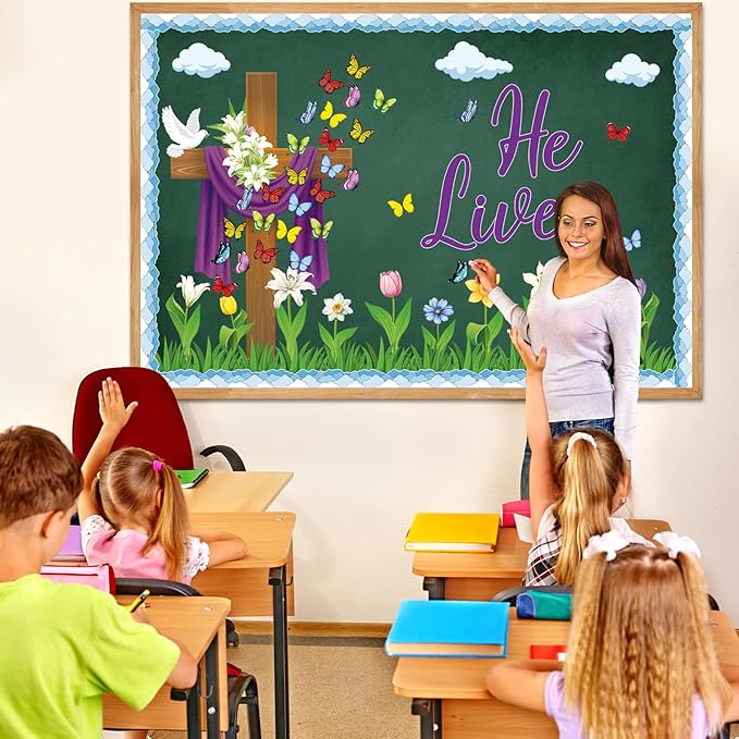 Easter Bulletin Board Decorations Christian Religious Bulletin Board Set He Lives Cross Cutouts for Spring School Sunday Home Church Wall Door(Christian)