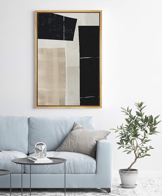 IDEA4WALL Framed Canvas Print Wall Art Black, White & Beige Color Blocks Abstract Shapes Illustrations Modern Art Minimalist Multicolor Cool for Living Room, Bedroom, Office - 24"x36" Natural