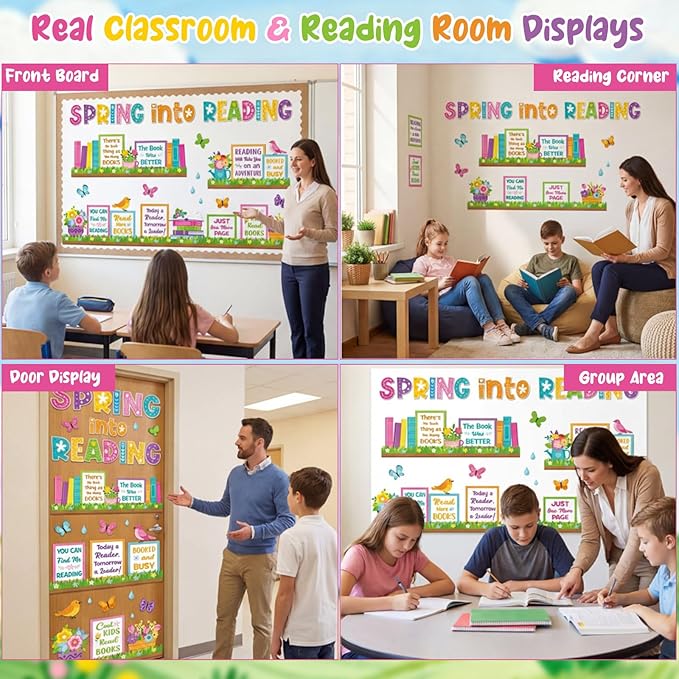 Qilery Spring Bulletin Board Set Reading Classroom Decorations, Spring Into Reading Cutouts for Teachers, Motivational Library Wall Door Decor, Seasonal Book Corner Supplies for Elementary School