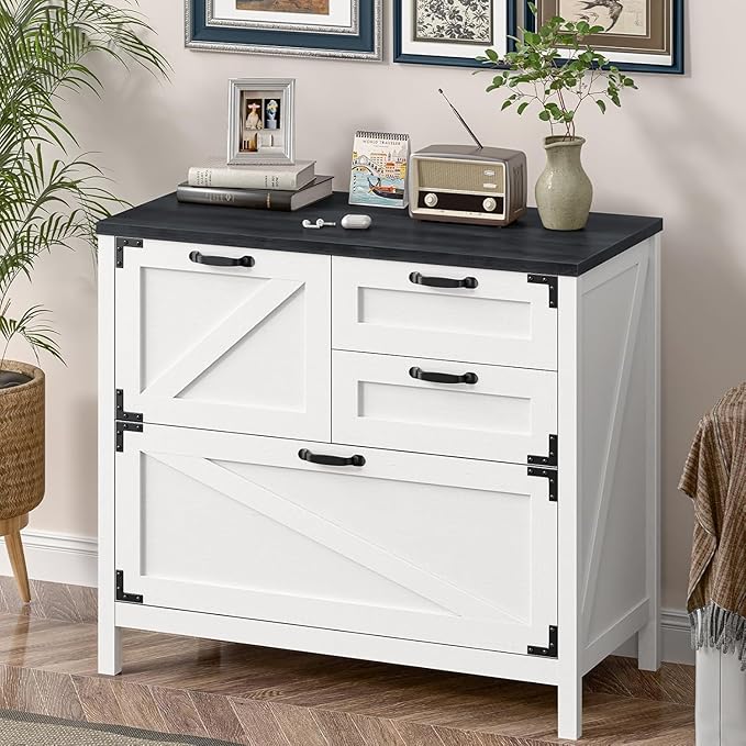 Vabches 4-Drawer Wood Lateral File Cabinet for Hanging Files Letter/A4/Legal Size, Large Farmhouse File Cabinets for Home Office, Printer Stand with Office Cabinet, White and Black