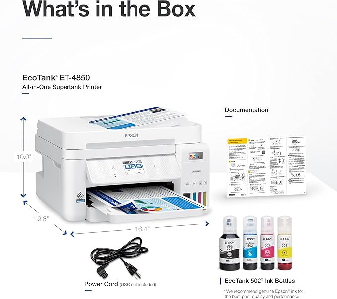 Epson EcoTank ET-4850 Wireless All-in-One Cartridge-Free Supertank with Scanner Copier, Fax, ADF and Ethernet, The Printer Office Printer - White