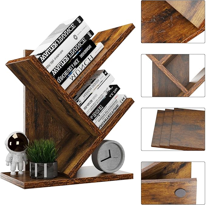YMYNY 2 Tier Tree Bookshelf, Small Bookcase, Modern Wood Book Storage Rack Organizer, Freestanding Book Shelf for Books/Movies/CDs, Display Rack for Bedroom, Home Office, Rustic Brown UHBC012H