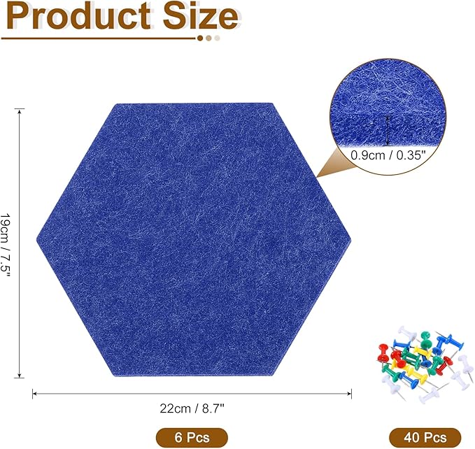 uxcell 6 Pcs Hexagon Felt Pin Board with 40 Pcs Pushpins 8.7" x 7.5" Self Adhesive Felt Bulletin Board Cork Boards for Walls Decorations Paste Notes Photos Schedules, Dark Blue