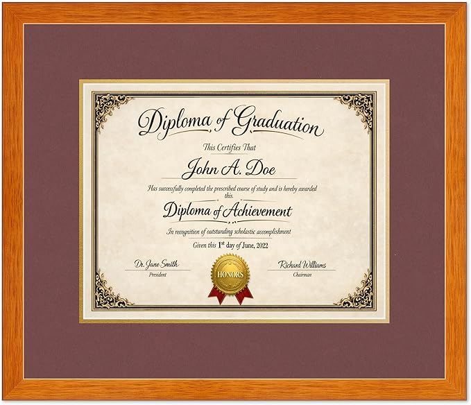 Diploma Frame Honey Oak with Dark Red Over Gold Double Mat - Fits 14 x 11 College Diploma (Modern) Wall Display Made in the USA