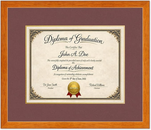 Diploma Frame Honey Oak with Dark Red Over Gold Double Mat - Fits 14 x 11 College Diploma (Modern) Wall Display Made in the USA