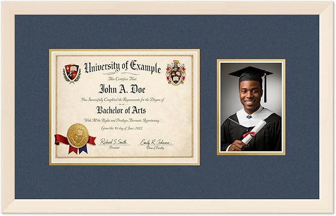 CountryArtHouse Fits 11 x 8.5 US Letter Certificate and 5 x 7 Photo Diploma and Photo Frame Coastal Whitewash Genuine Hardwood with Navy Blue Over Metallic Gold Double mat