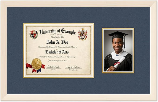 CountryArtHouse Fits 11 x 8.5 US Letter Certificate and 5 x 7 Photo Diploma and Photo Frame Coastal Whitewash Genuine Hardwood with Navy Blue Over Metallic Gold Double mat