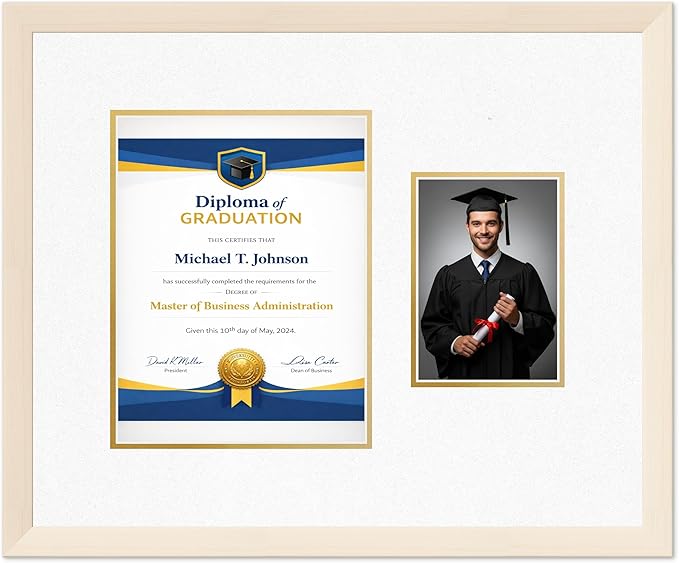 Diploma Frame With Photo Opening Coastal Whitewash Oyster Shell Over Gold Mat - Fits 8.5 x 11 Degree and Picture Made in the USA