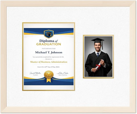 Diploma Frame With Photo Opening Coastal Whitewash Oyster Shell Over Gold Mat - Fits 8.5 x 11 Degree and Picture Made in the USA