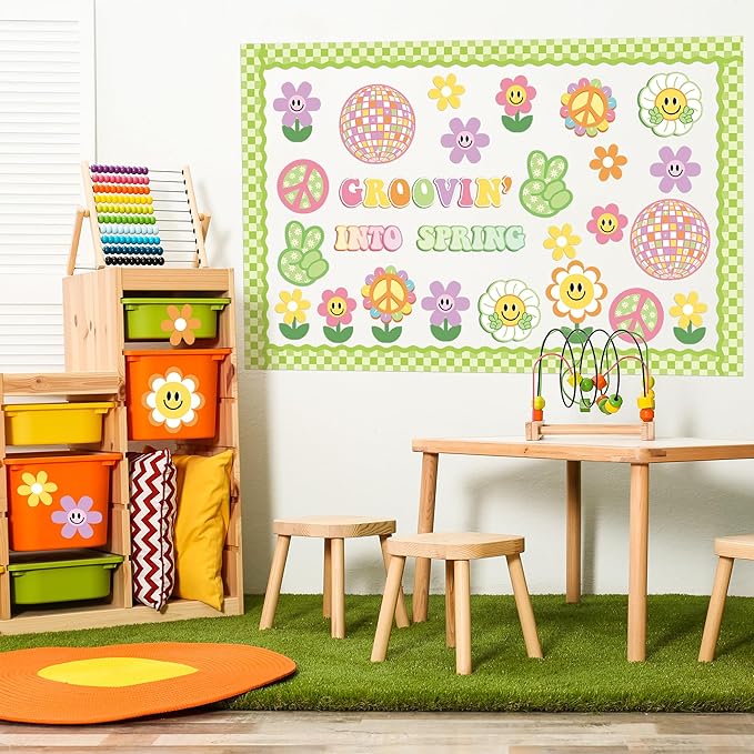Xqumoi Retro Groovin' Into Spring Bulletin Board Decorations - 86Pcs Groovy Hippie Boho Spring Flowers Cutouts Name Tags Checkerboard Boarder Trim School Classroom Home Office Chalkboard Wall Decor