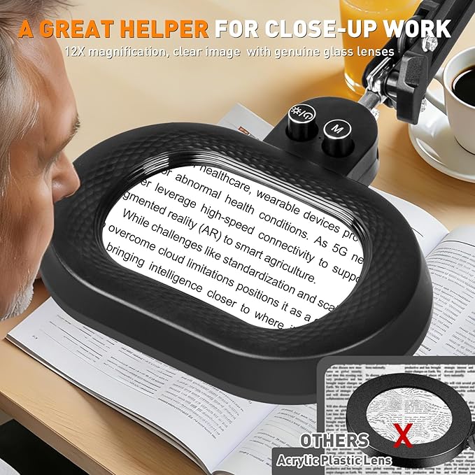 12X Magnifying Glass with Light, Three-axis Rotation Infinite Color Dimmable Magnifying Lamp, Large Lighted Magnifier Workbench Light for Close Work, Craft, Reading,Sewing(12X 35in Oval Clamp)