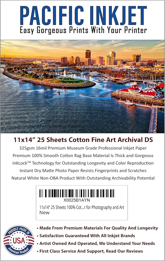 (11-x-14) 25 Sheets 100% Cotton Fine Art Matte Double Sided Inkjet Paper - 16mil 325gsm See Description for Compatibility Info Before Purchase - OBA Free Archival Grade Inkjet Media