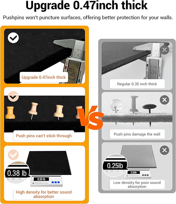 1/2" Thick Cork Board for Office, 6 Pack Felt Wall Tiles -28"x18" with Safe Adhesive Tabs, Large Bulletin Board, Push Pin Board Organizer Wall - Black