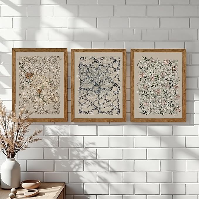 Krtoni 3PCS Framed Vintage William Morris Wall Art, Neutral Abstract Floral Canvas Artwork Prints, Rustic Boho Farmhouse Flower Botanical Picture Paintings for Living Room Bedroom Office 16W x 24H