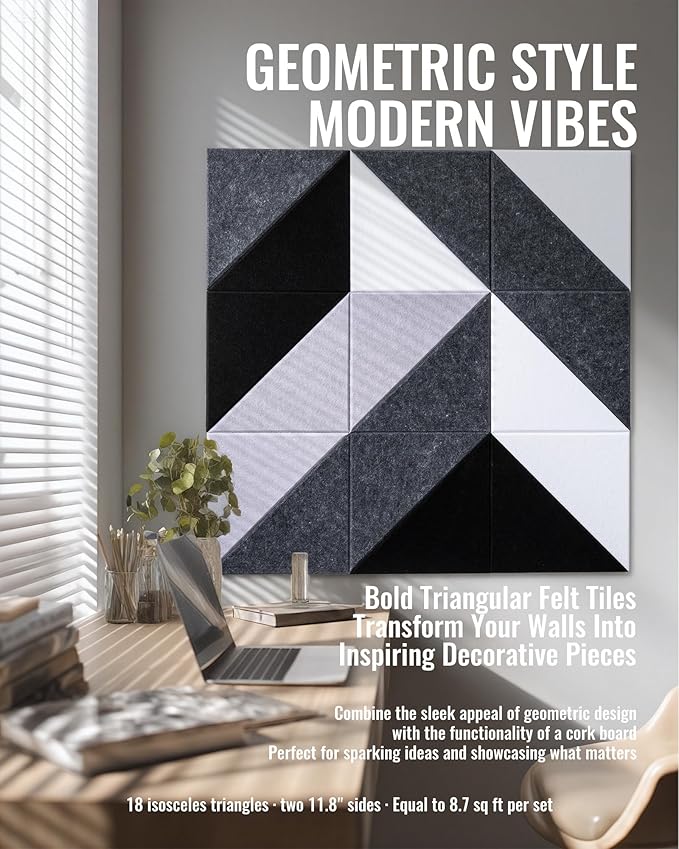 Felt Wall Tiles Bulletin Board, Modular Decorative Panels for Home Office, Kids Room, Classroom, DIY Geometric Design, Creative Photo Display Board, 18 Pack 11.8" Triangle Tiles(Ether)