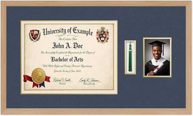 CountryArtHouse Diploma Tassel and Photo Shadowbox Fits 17 x 13 International Diploma with Tassel Hook Natural Wood Genuine Hardwood with Navy Blue Over Metallic Gold Double mat