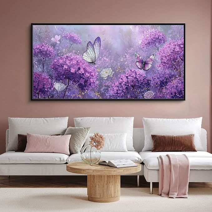 yiijeah Purple Wall Art Bedroom Canvas Lavender Bathroom Decor Butterfly Picture Items for Women Framed Artwork Print 40x20 Inches