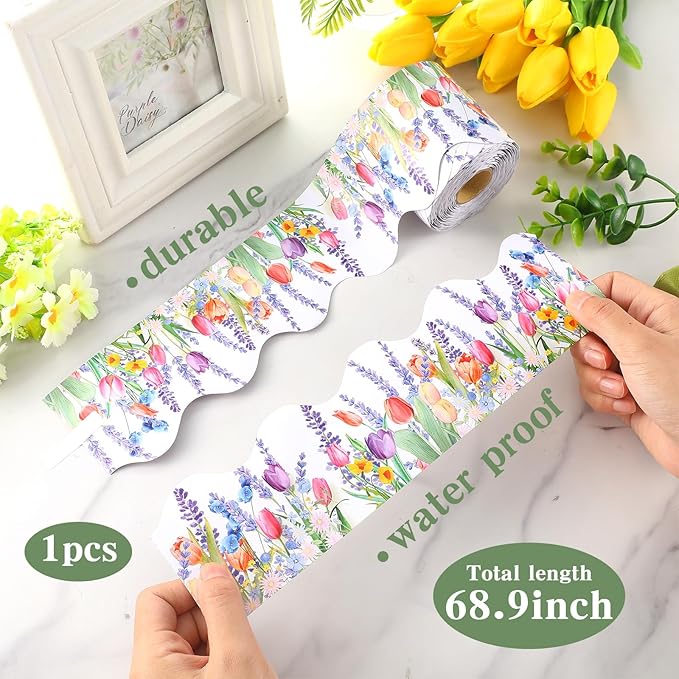 Jexine 68.9 Feet Spring Flower Bulletin Board Borders Floral Classroom Scalloped Rolled Border Trim with Tulip Lavender Patterns Bulletin Boards Decorations for School Classroom School Whiteboard Wall