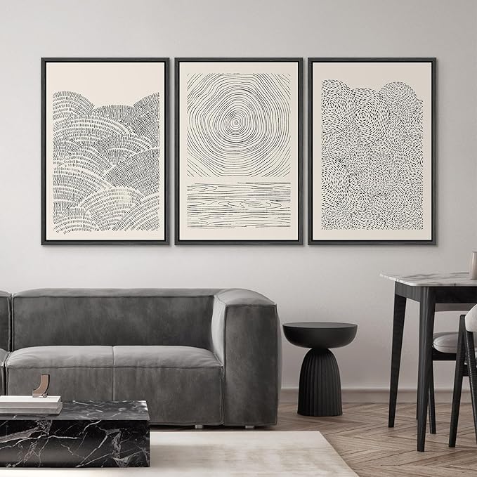 SIGNWIN Framed Canvas Print Wall Art Set Geometric Spiral Ring Wave Pattern Abstract Shapes Cozy Neutral Modern Art Decorative Contemporary Minimal for Living Room, Bedroom, Office - 16"x24"x3 Black