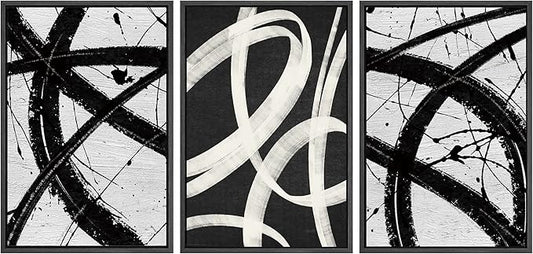 SIGNWIN Framed Canvas Print Wall Art Set Geometric Duotone Ring Landscape Graffiti & Street Art Abstract Illustrations Modern Art Decorative Nordic for Living Room, Bedroom, Office - 24"x36"x3 Black