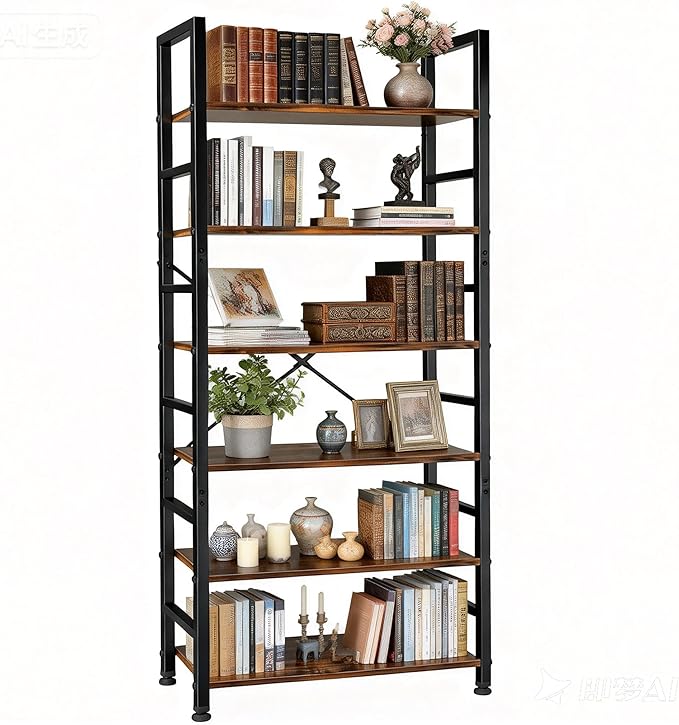 6 Tier Bookshelf, 72'' Tall Bookcase, Book Storage Shelves, Wood Book Shelf Organizer for Bedroom, Living Room and Home Office, Vintage
