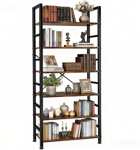6 Tier Bookshelf, 72'' Tall Bookcase, Book Storage Shelves, Wood Book Shelf Organizer for Bedroom, Living Room and Home Office, Vintage