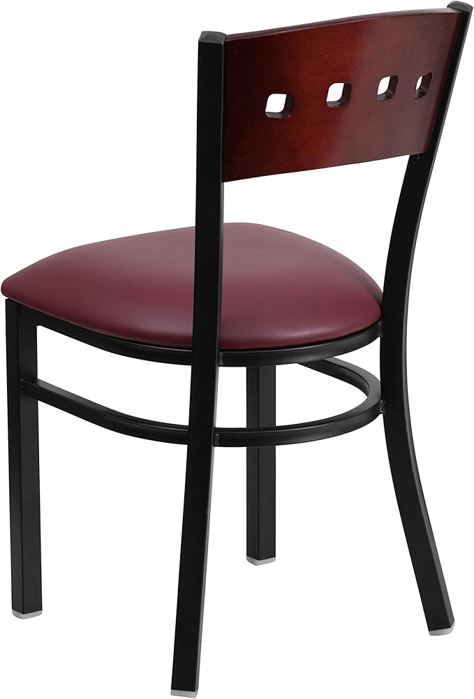 Flash Furniture HERCULES Series Black 4 Square Back Metal Restaurant Chair - Mahogany Wood Back, Burgundy Vinyl Seat