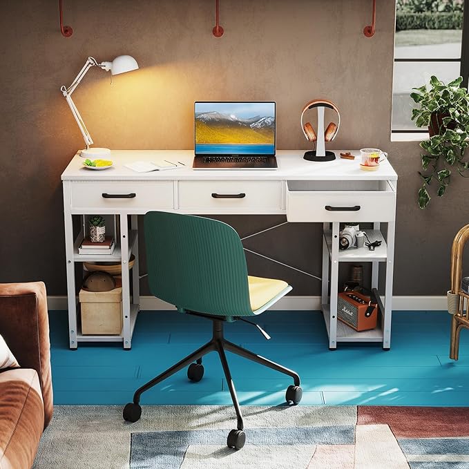 ODK Office Small Computer Desk: Home Table with Fabric Drawers & Storage Shelves, Modern Writing Desk, White, 48"x16"