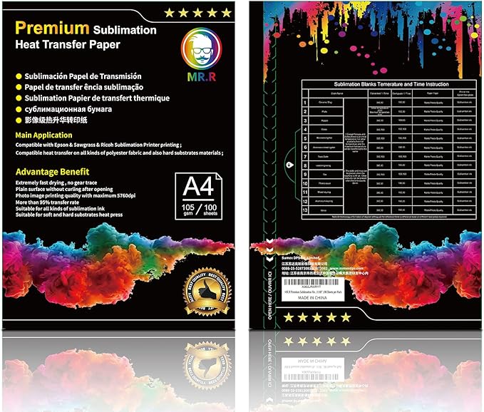 MR.R Premium Sublimation Heat Transfer Paper for EPSON and Sawgrass 105gsm A4 8.25''X11.69'',100 Sheets per Pack