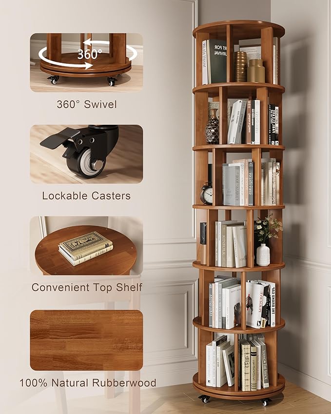 Rotating Bookshelf, 6 Tier Solid Wood Bookshelf Tower with Lockable Wheels, 360° Spinning Revolving Bookcase for Small Spaces, Corners, Bedroom, Kids Room, Home Office, Walnut