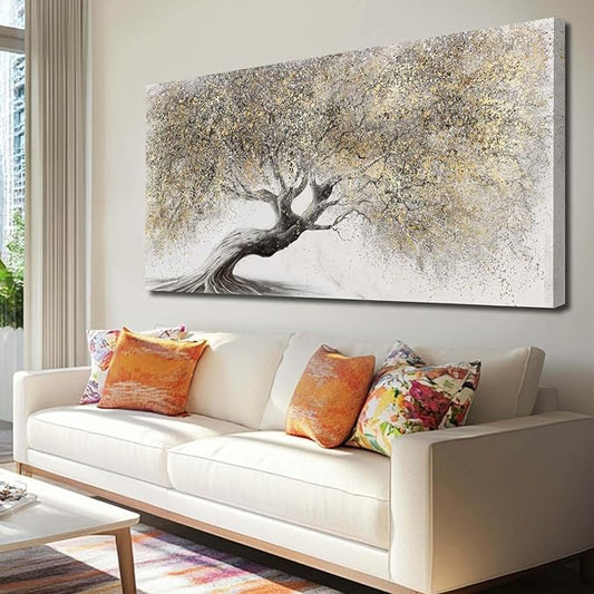 Gold Wall Art Canvas Wall Pictures Large Artwork Landscape Painting Photo Prints Wall Decorations Tree Wall Decor for Living Room Dining Room 29"x58"