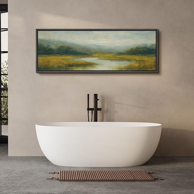 SIGNFORD Large Framed Canvas Misty Meadow River Landscape Illustrations Modern Art Calm Warm for Living Room, Bedroom, Office - 60"x20"