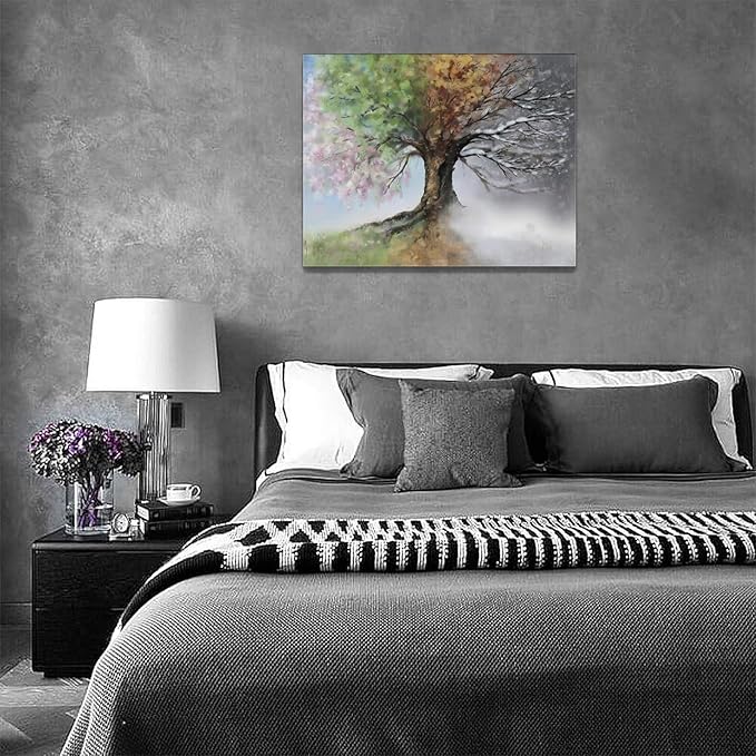 Tree of Life Wall Art Four Season Trees Pictures Decor Rustic Nature Canvas Country Painting Modern Artwork Home Decorations for Bathroom Living Room Bedroom Office Framed 16"x12"