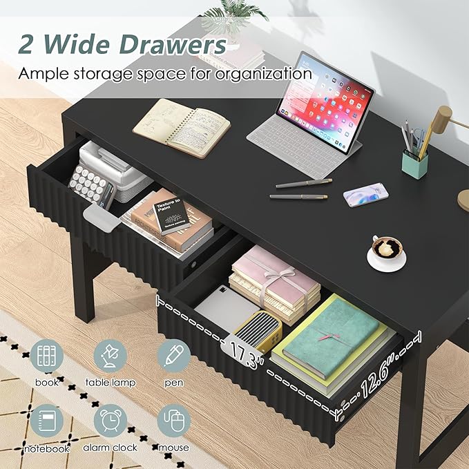 Fluted Computer Desk with 2 Drawers, 39 Inch Small Computer Desk with Storage, Compact Writing Study Desk for Small Spaces, Black