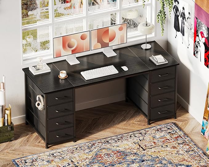 Casaottima 55 Inches Computer Desk with 8 Fabric Drawers, Modern Office Desk with Large Storage for Home Office, Study, Black