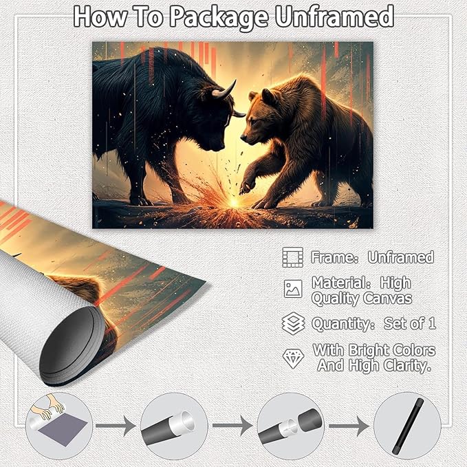 Trendy Bull And Bear Confrontation Wall Art Funny Bull And Bear Stock Market Canvas Posters Funny Animal Prints Painting For Office Living Room Wall Decor 24x36in Unframed