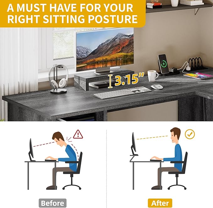DWVO L Shaped Desk with File Drawer, 60" Corner Computer Desk with Power Outlets, Home Office Desk with Monitor Stand & Storage Shelves & File Cabinet, Grey