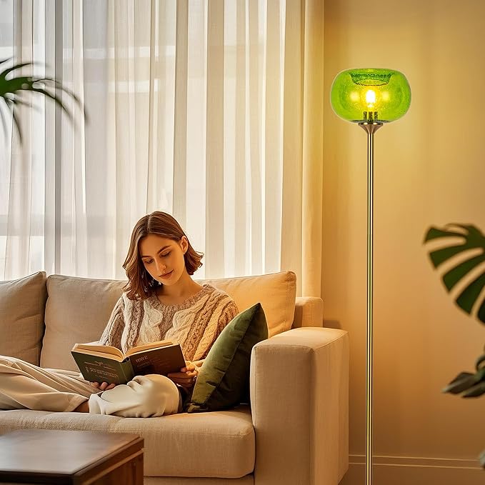 MAYNA Globe Floor Lamp, Emerald Green Round Glass Standing Lamp with Built-in Timer Switch, Gold Tall Vintage Lamps for Living Room Bedroom, 2700K LED Bulb Included