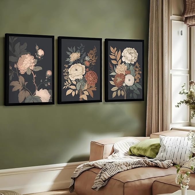 Krtoni 3PCS Framed Vintage Flower Wall Art, Rustic Farmhouse Dark Peony Floral Wall Decor, Retro Plants Aesthetic Painting Prints, Flower Botanical Artwork for Living Room Bedroom Bathroom 16W x 24H