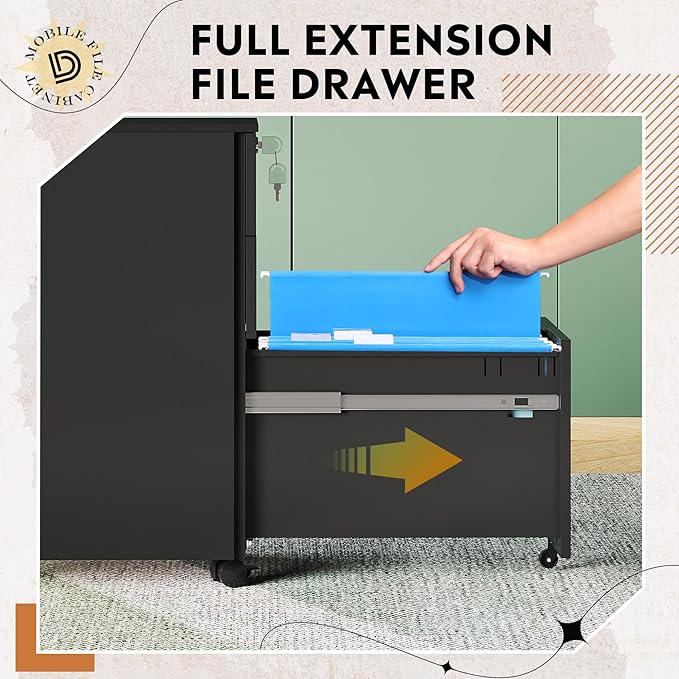 DEVAISE 3 Drawer File Cabinet with Lock, Under Desk Metal Filing Cabinets with Wheels for Home Office Fit Legal/Letter/A4 File, Assembled Except Casters,Black