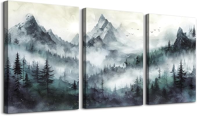 TTHYUEWS Canvas Wall Decor For Bedroom & Living Room - Modern Office Decoration - Misty & Fog Mountain Forest Wall Painting Landscape - 3 Piece, 16"X24"