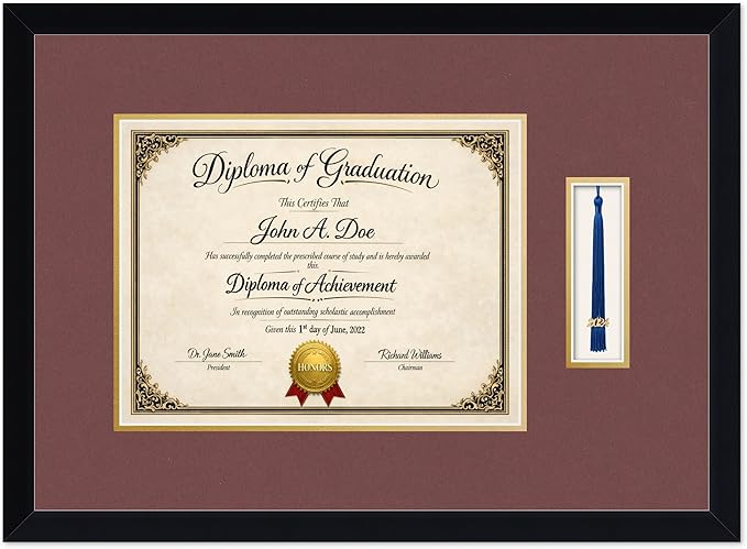 Diploma Frame with Tassel Holder Matte Black Shadowbox Dark Red Over Gold Mat - Fits 13 x 10 Degree Made in the USA
